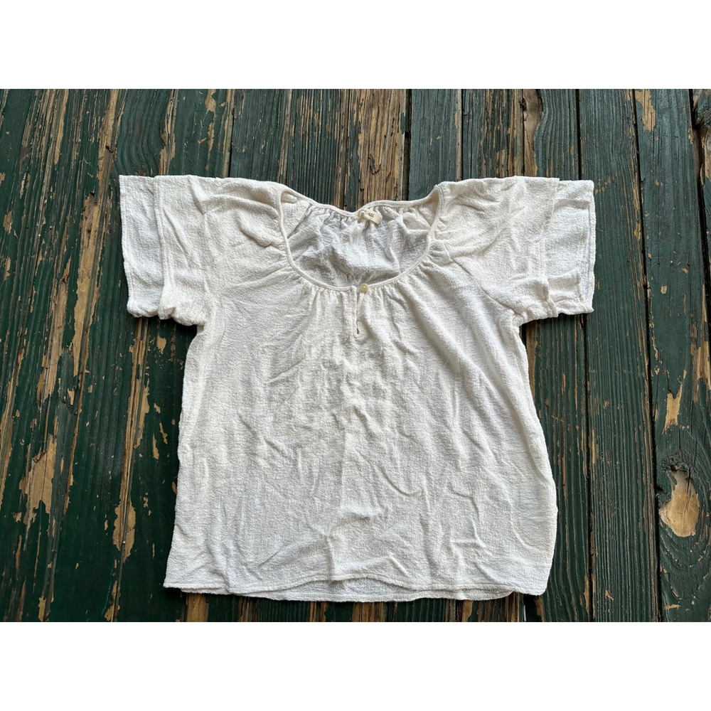 Madewell Womens XS Cream Textured Short Sleeve Peasant Blouse Button Scoop Neck